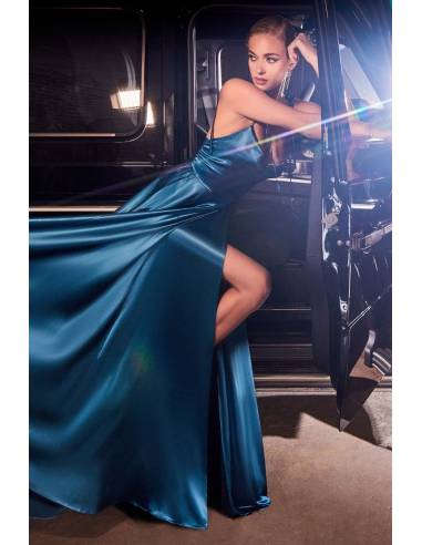 Long satin dress with bow, shoulder...