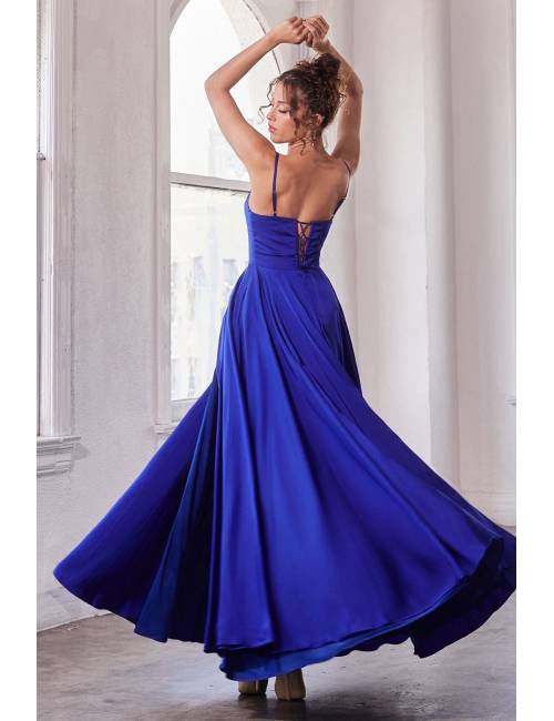 Long satin dress with bow, shoulder strap and slit
