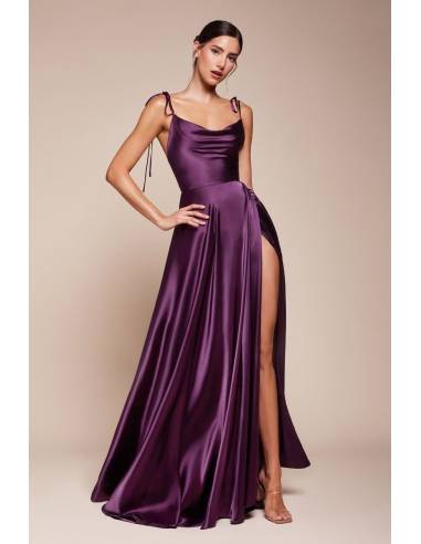 Long satin dress with bow, shoulder...